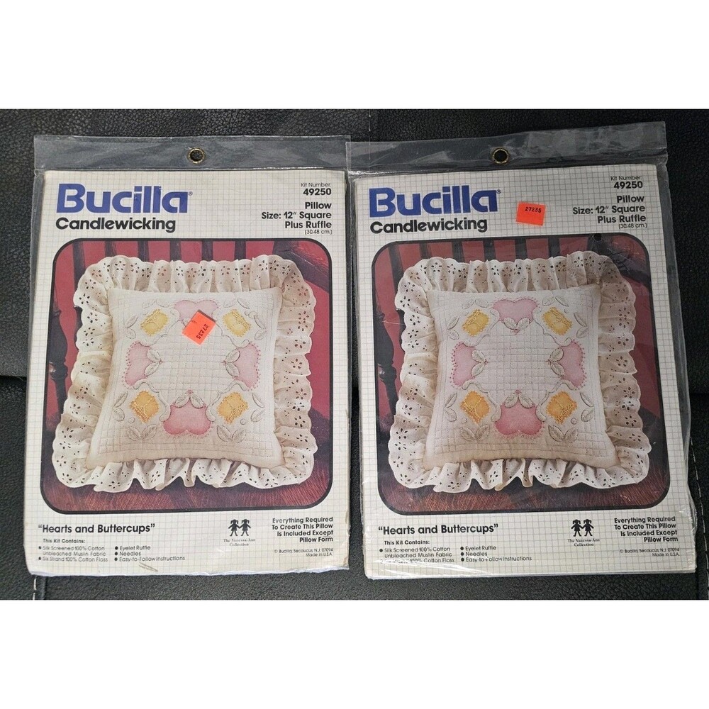 Vtg Bucilla Embroidery 2 Kits Hearts & Buttercups Candlewicking Pillow Ruffle